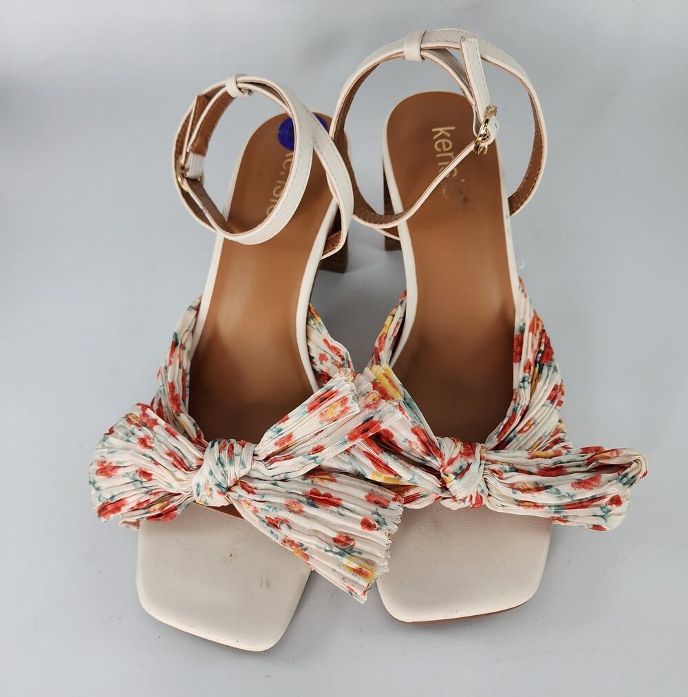 Kensie Red Orange Floral Kadence Tie Ankle Strap Block Heel Sandals Size 8.5